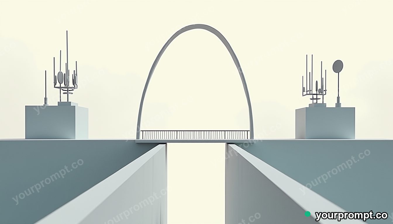 Paperclip bridge section stretched into a long impossible perspective on a rooftop surrounded by antennas · minimal graphic geometry — AI-generated image
