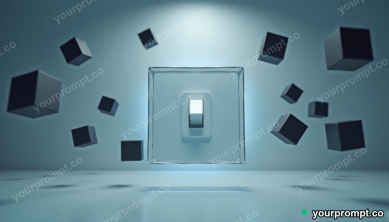 Crystal switch panel surrounded by floating black squares inside a blank office room — 5 AI style variations of one prompt