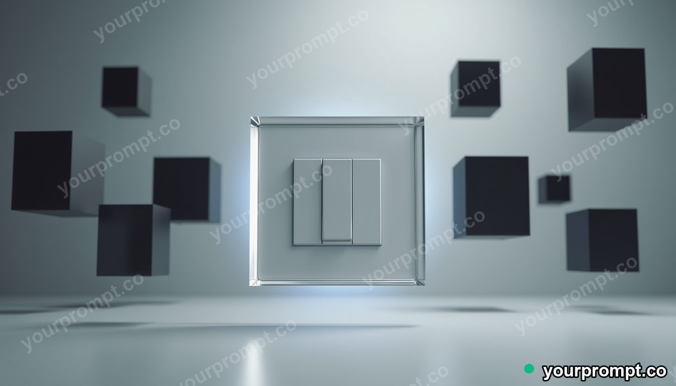Crystal switch panel surrounded by floating black squares inside a blank office room · premium material editorial — AI-generated image