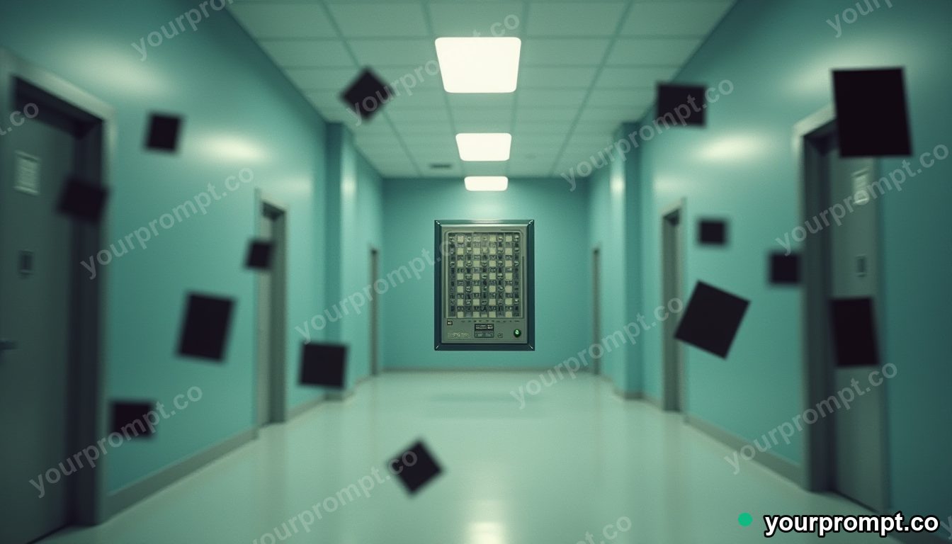 Crystal switch panel surrounded by floating black squares inside a blank office room · analog empty archive — AI-generated image