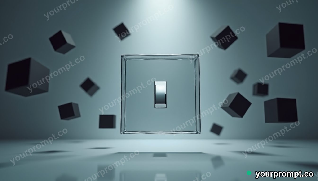 Crystal switch panel surrounded by floating black squares inside a blank office room · impossible physics surreal — AI-generated image