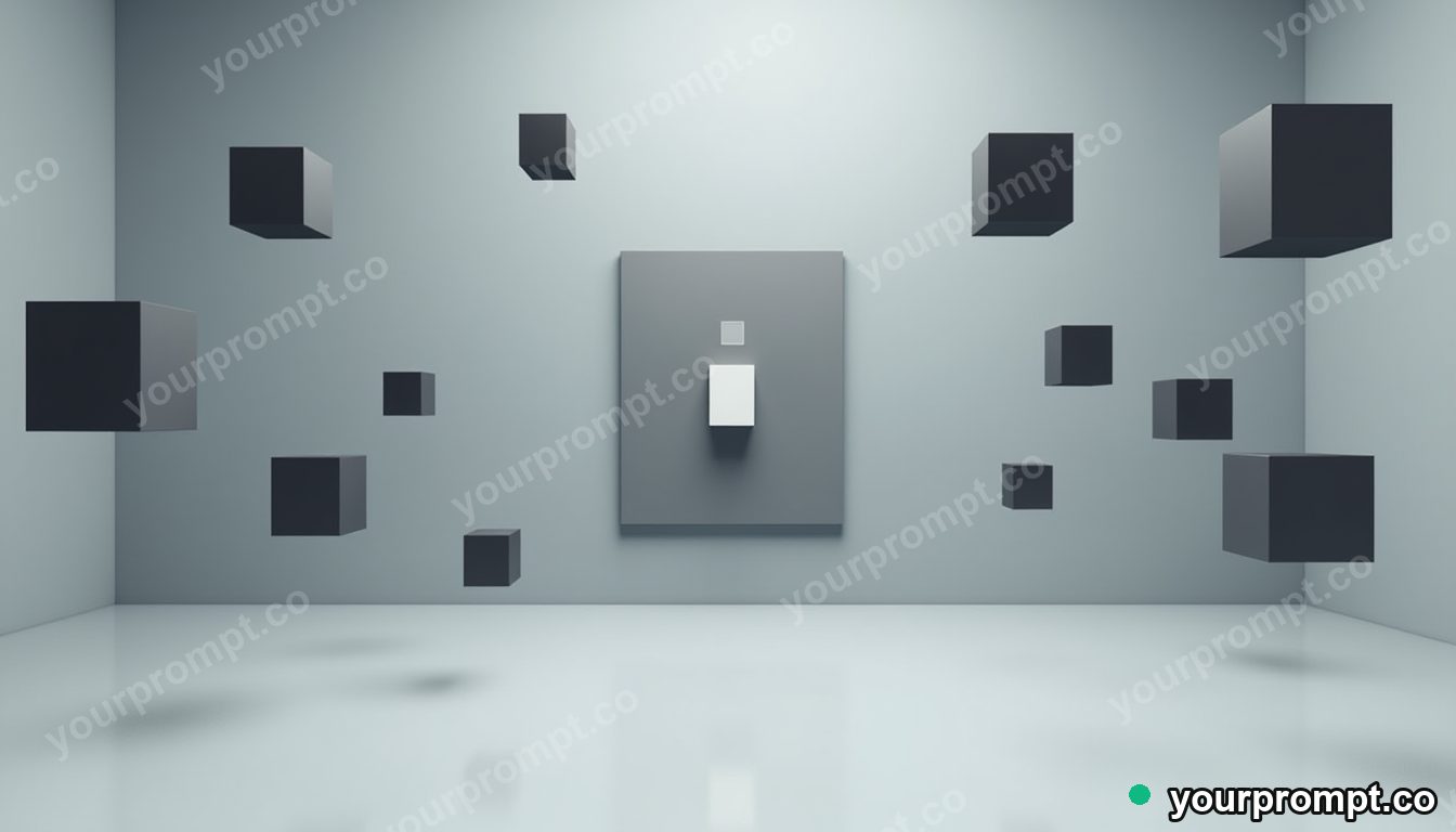 Crystal switch panel surrounded by floating black squares inside a blank office room · minimal graphic geometry — AI-generated image