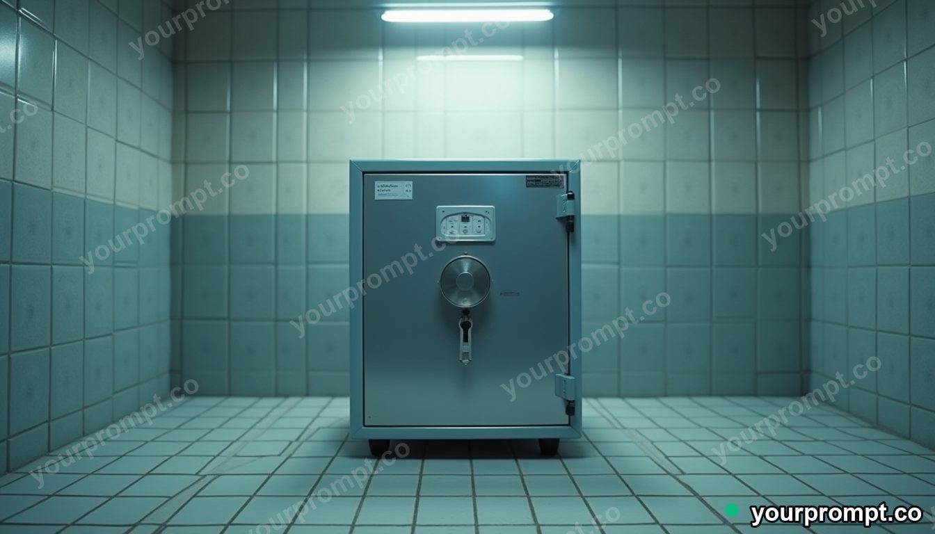 Transparent safe balanced on a single invisible point inside a tiled maintenance room — 5 AI style variations of one prompt