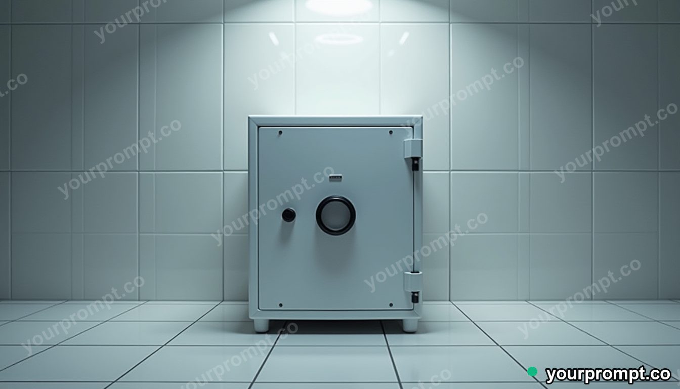 Transparent safe balanced on a single invisible point inside a tiled maintenance room · premium material editorial — AI-generated image
