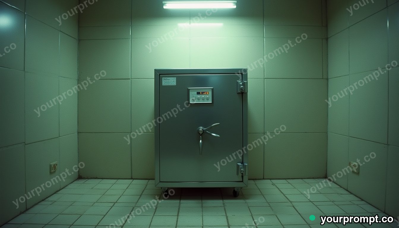 Transparent safe balanced on a single invisible point inside a tiled maintenance room · analog empty archive — AI-generated image