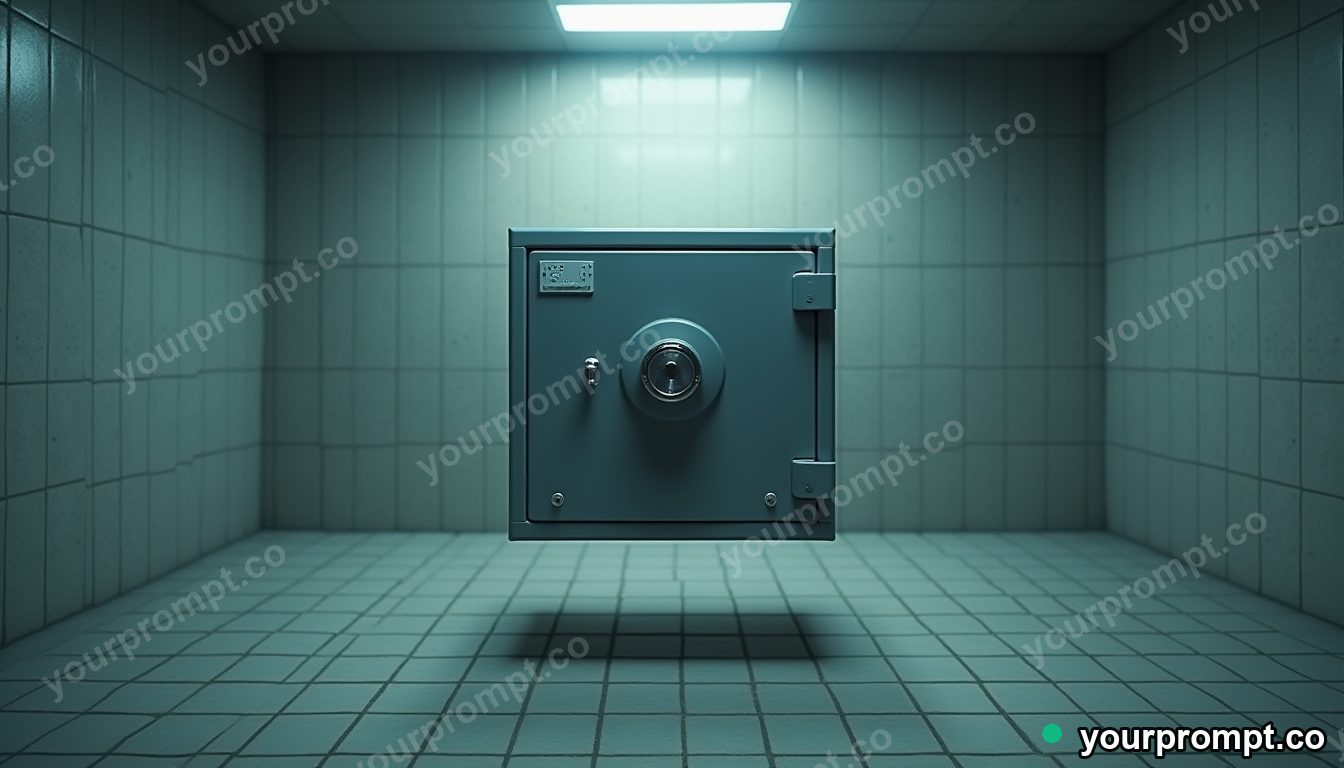 Transparent safe balanced on a single invisible point inside a tiled maintenance room · impossible physics surreal — AI-generated image