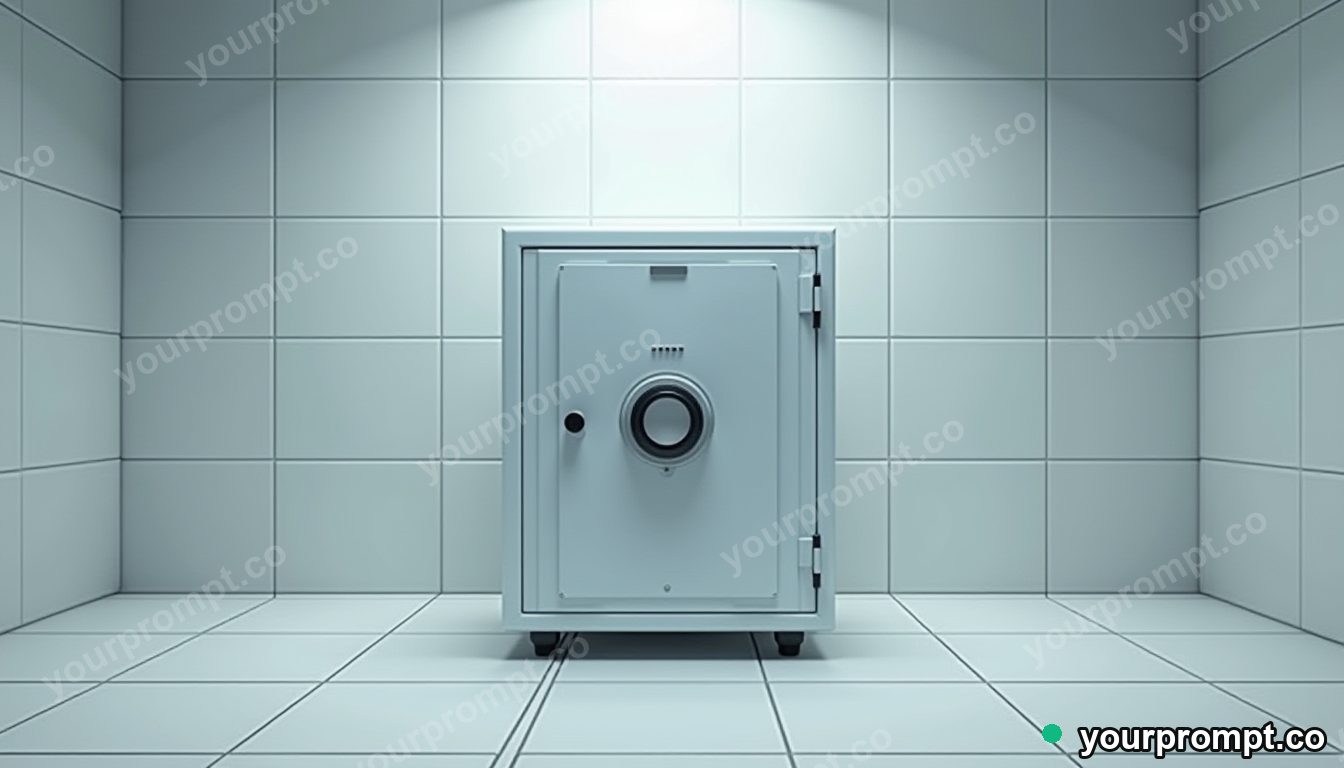 Transparent safe balanced on a single invisible point inside a tiled maintenance room · minimal graphic geometry — AI-generated image