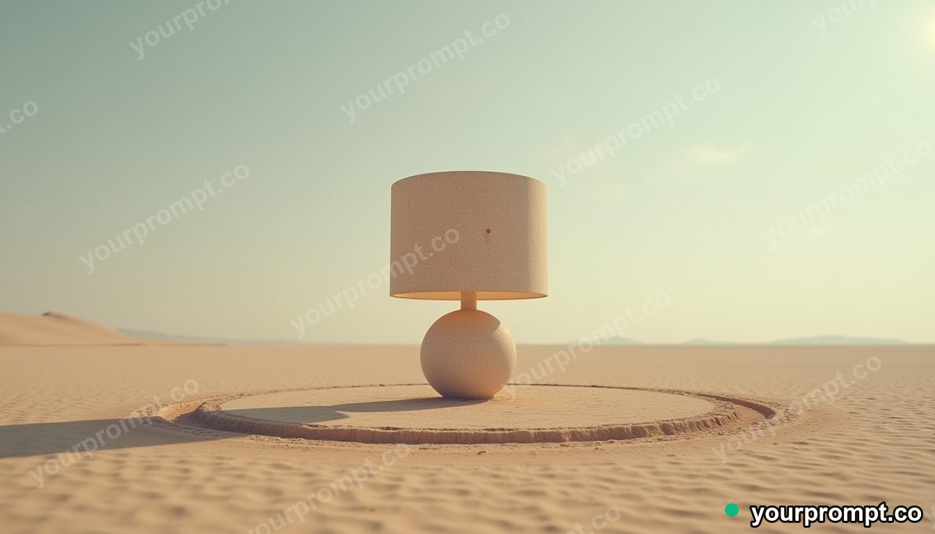 Granite lampshade standing in a circle of dry dust on a salt-flat horizon — 5 AI style variations of one prompt