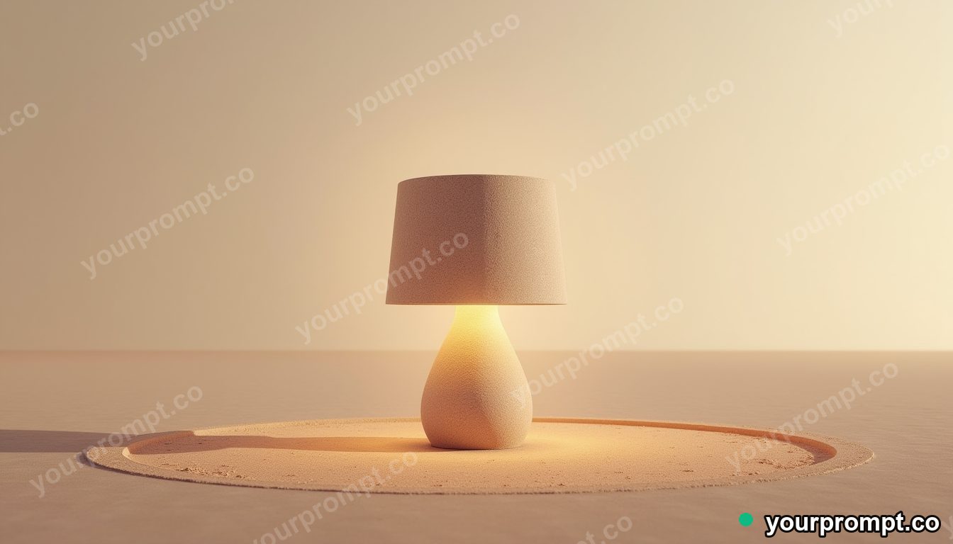 Granite lampshade standing in a circle of dry dust on a salt-flat horizon · premium material editorial — AI-generated image