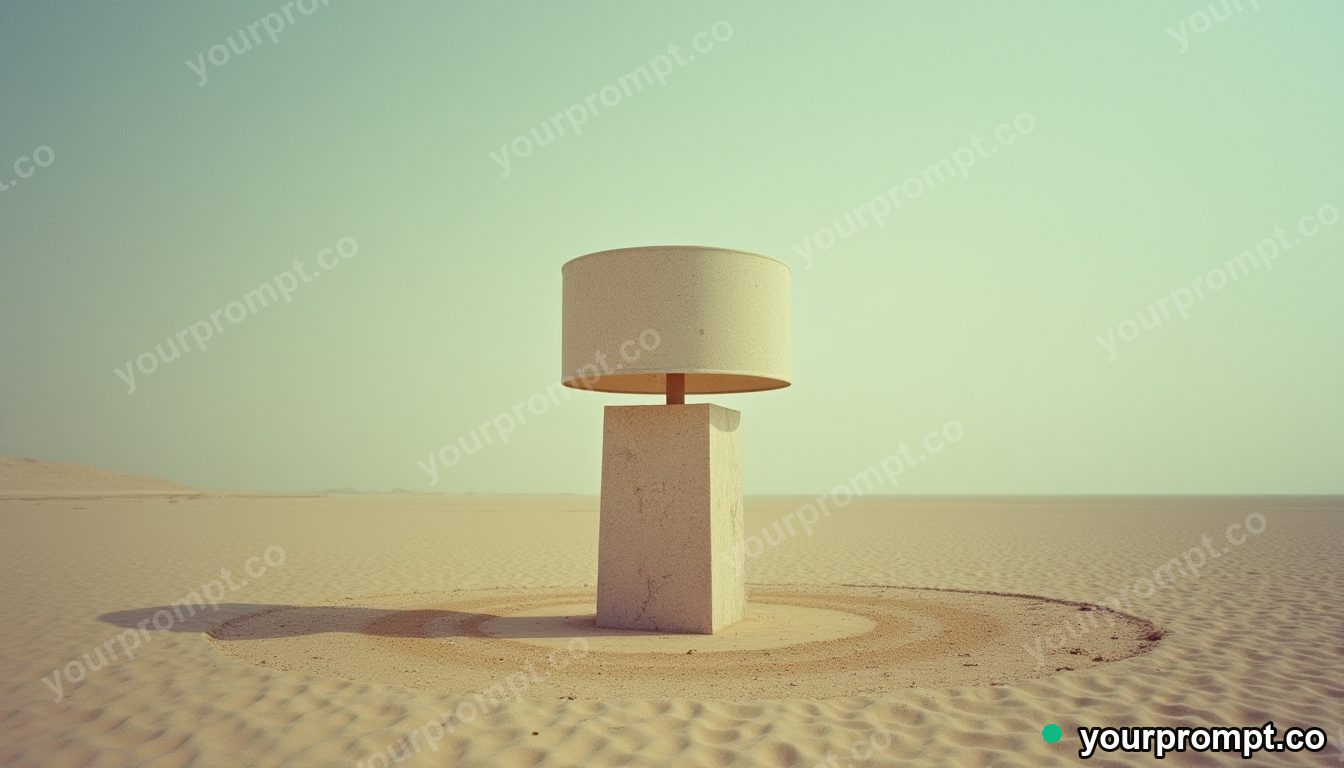 Granite lampshade standing in a circle of dry dust on a salt-flat horizon · analog empty archive — AI-generated image