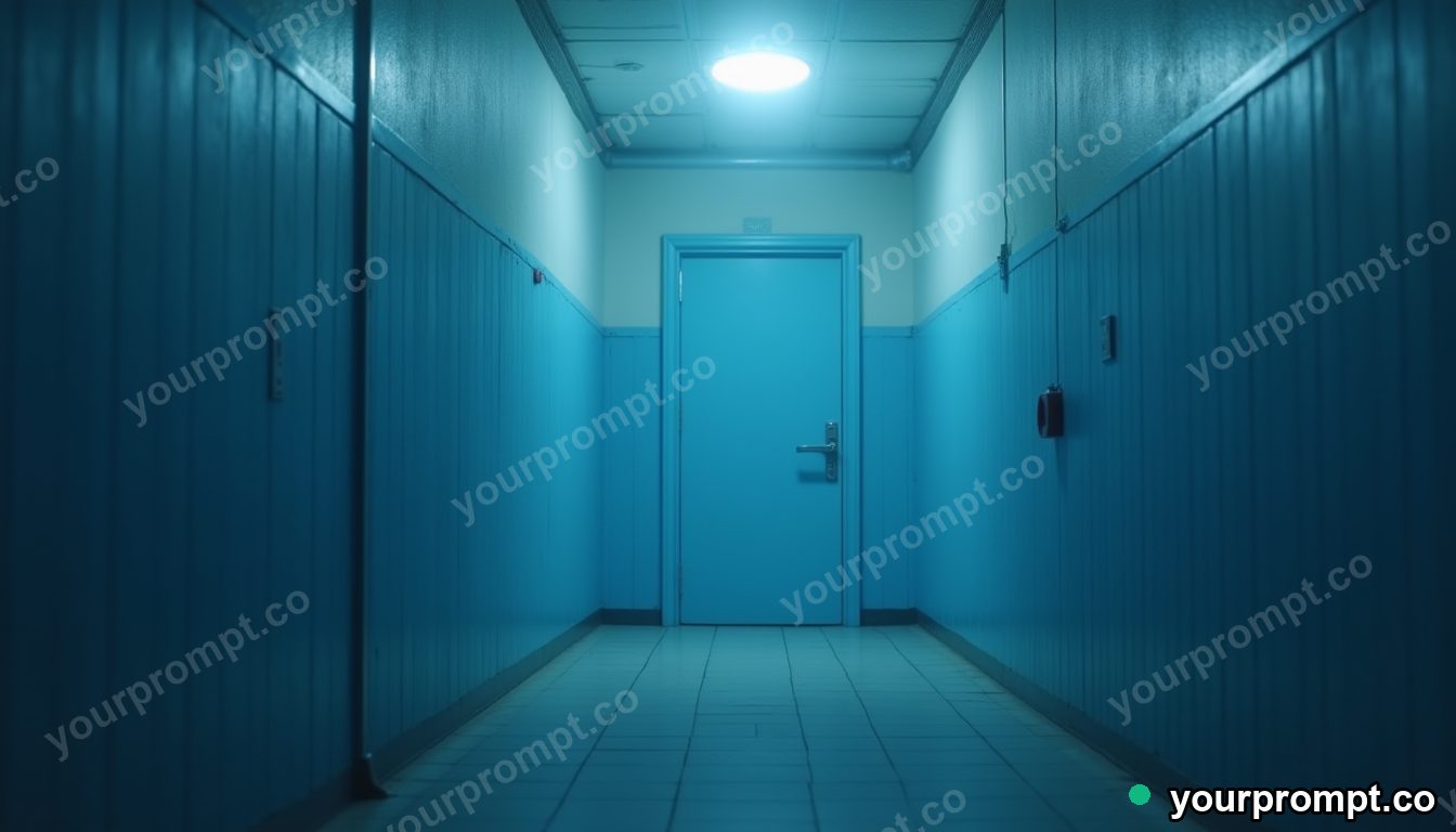 Blue doorframe balanced on a single invisible point in a foggy utility corridor — 5 AI style variations of one prompt