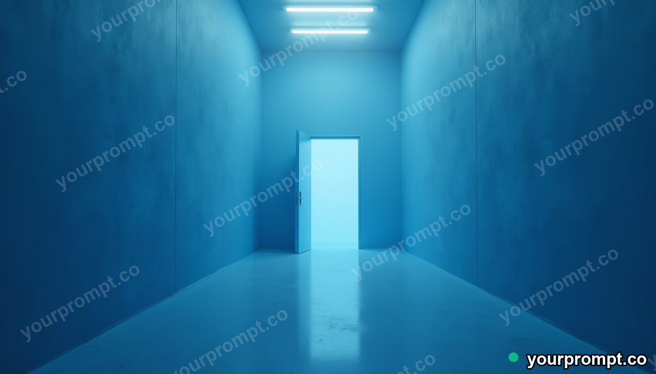 Blue doorframe balanced on a single invisible point in a foggy utility corridor · premium material editorial — AI-generated image