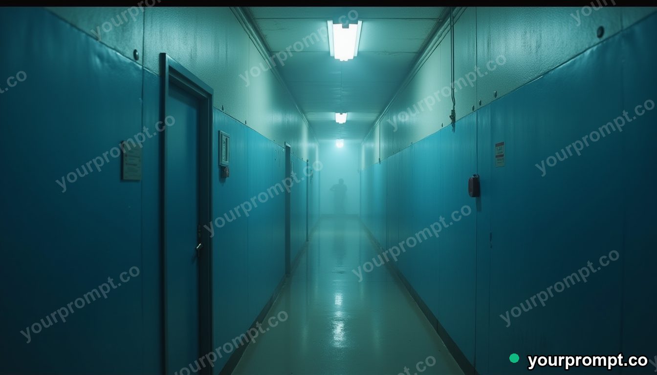 Blue doorframe balanced on a single invisible point in a foggy utility corridor · analog empty archive — AI-generated image