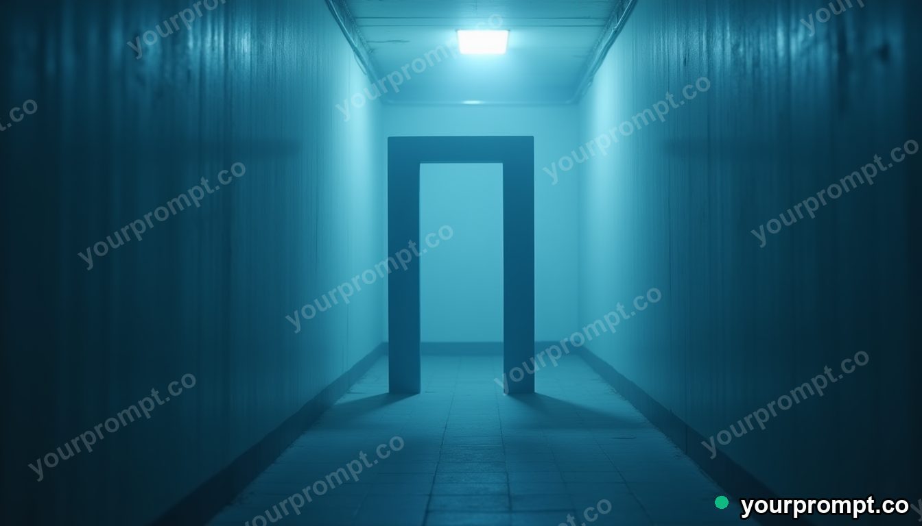 Blue doorframe balanced on a single invisible point in a foggy utility corridor · impossible physics surreal — AI-generated image