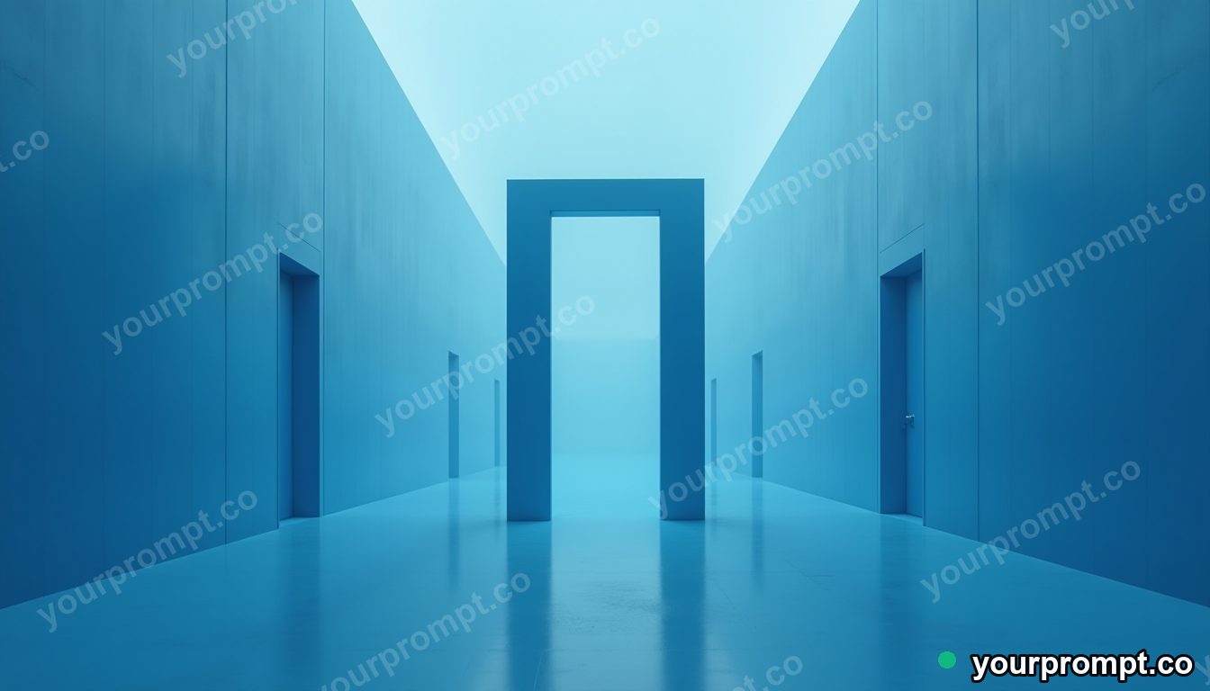 Blue doorframe balanced on a single invisible point in a foggy utility corridor · minimal graphic geometry — AI-generated image
