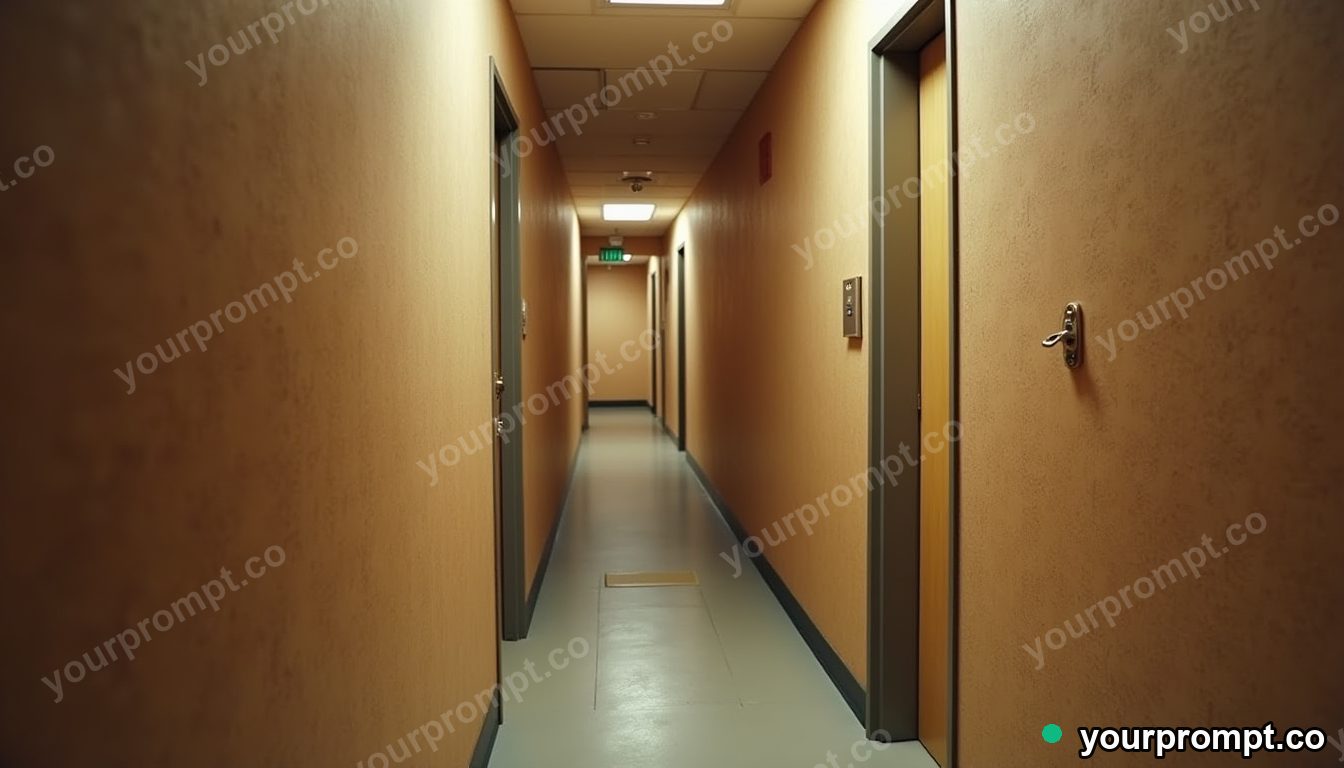Cork hallway panel pressed into a wall like a shallow relief in a narrow service stairwell — 5 AI style variations of one prompt