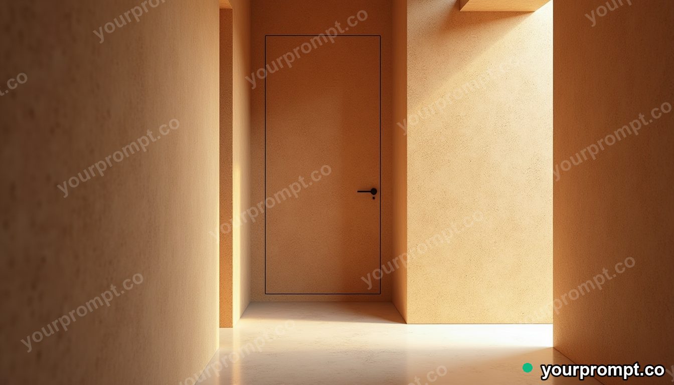 Cork hallway panel pressed into a wall like a shallow relief in a narrow service stairwell · premium material editorial — AI-generated image