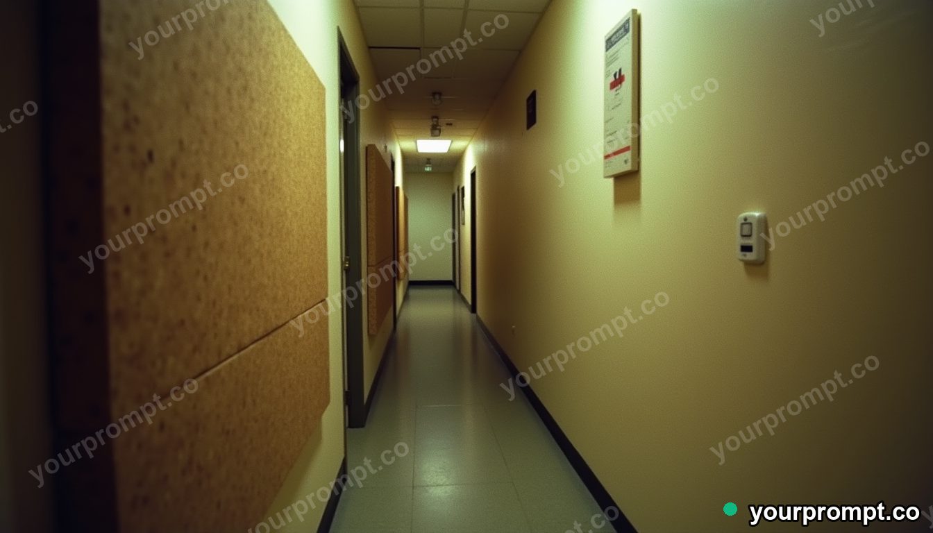 Cork hallway panel pressed into a wall like a shallow relief in a narrow service stairwell · analog empty archive — AI-generated image
