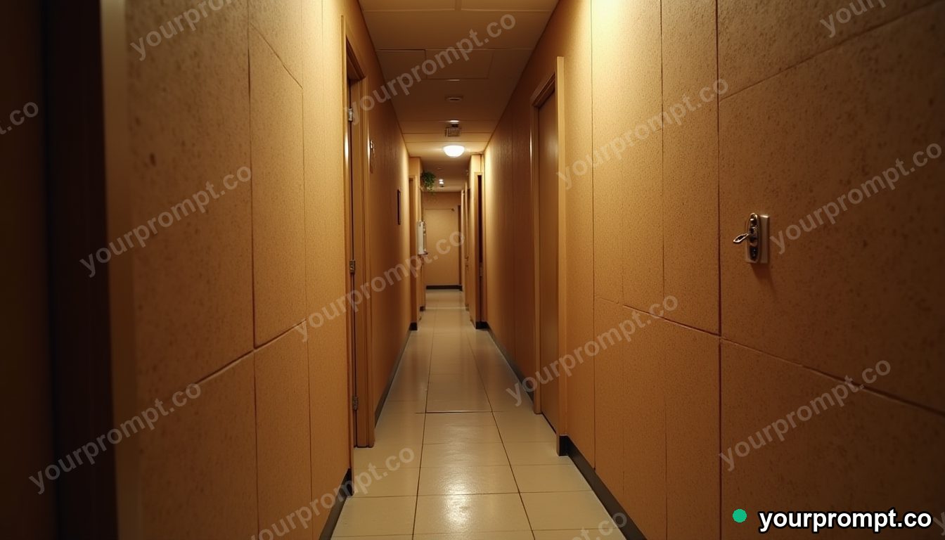 Cork hallway panel pressed into a wall like a shallow relief in a narrow service stairwell · impossible physics surreal — AI-generated image