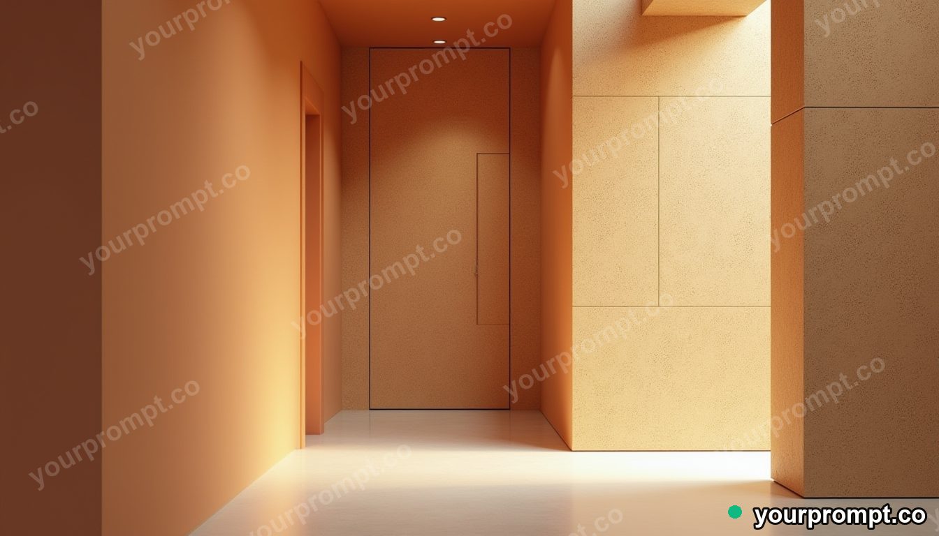 Cork hallway panel pressed into a wall like a shallow relief in a narrow service stairwell · minimal graphic geometry — AI-generated image
