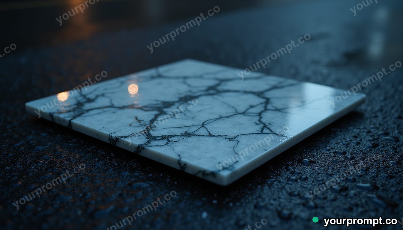 Marble circuit board half-covered by a sheet of clear resin on wet black asphalt at night — 5 AI style variations of one prompt