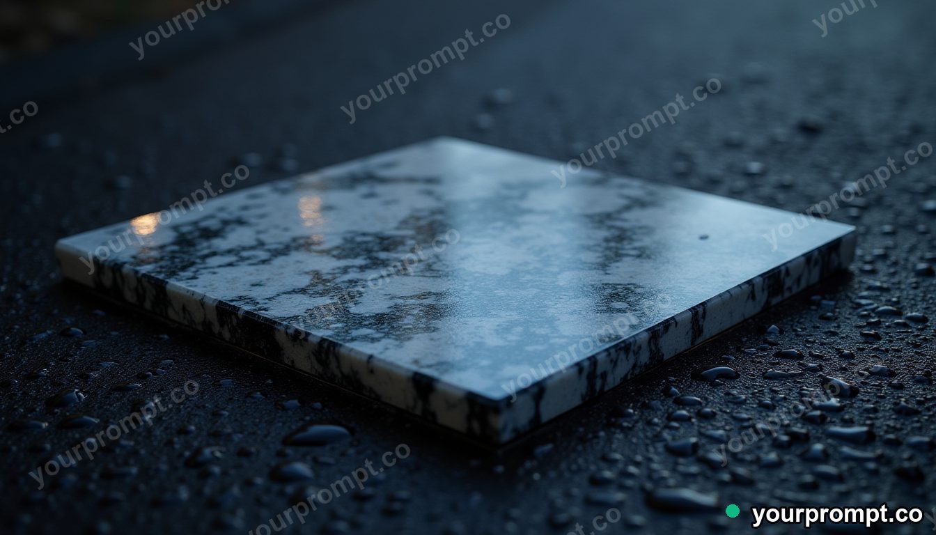 Marble circuit board half-covered by a sheet of clear resin on wet black asphalt at night · premium material editorial — AI-generated image