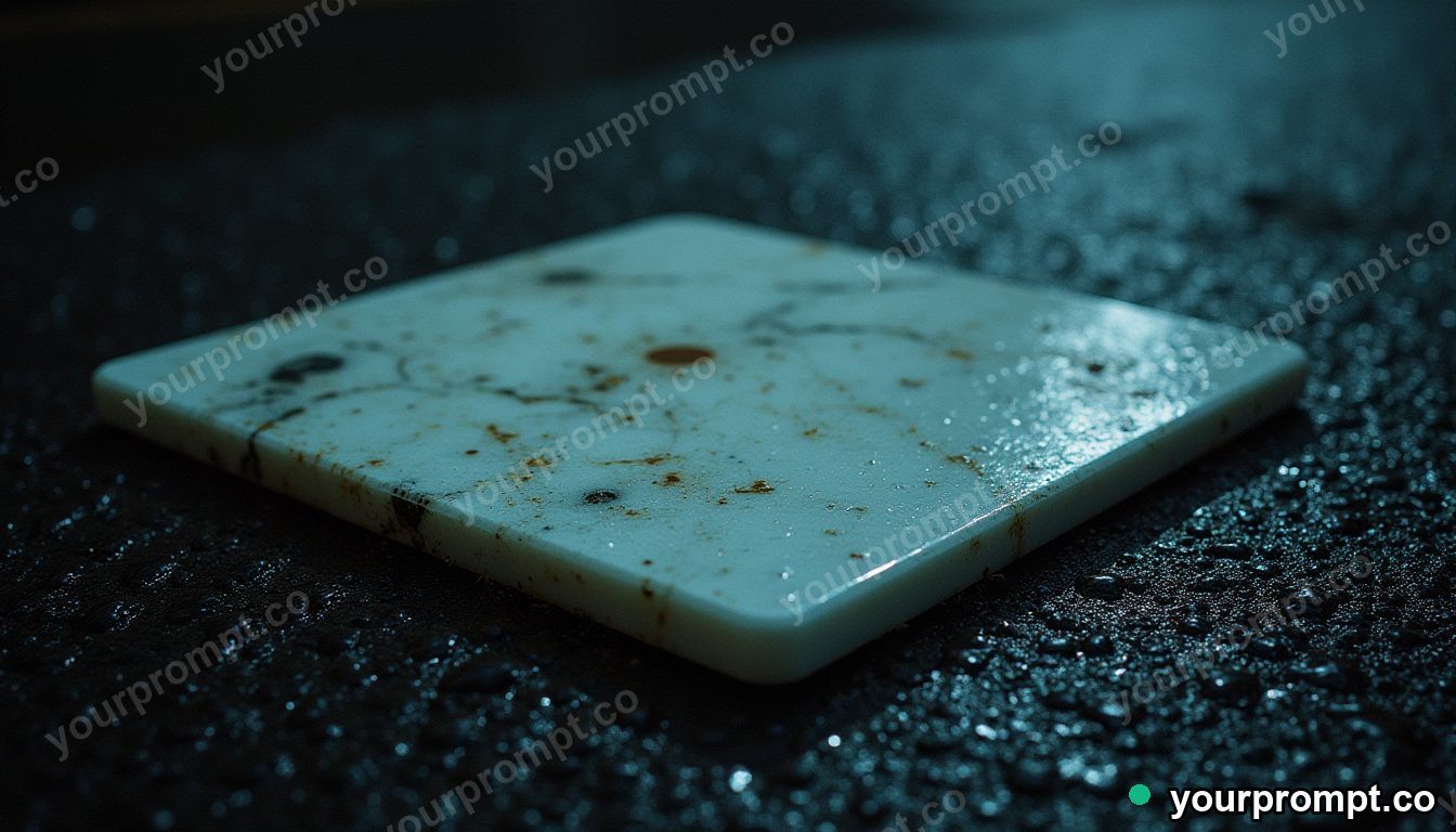 Marble circuit board half-covered by a sheet of clear resin on wet black asphalt at night · analog empty archive — AI-generated image