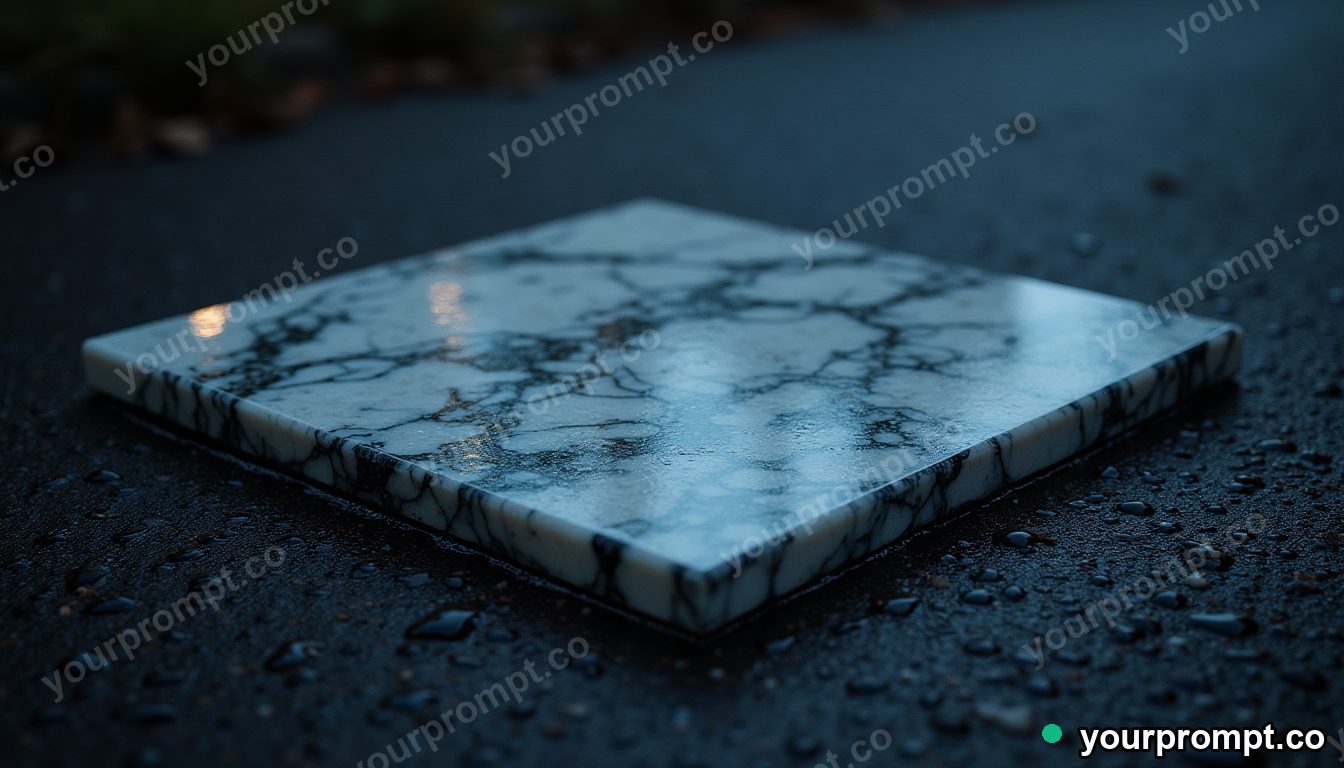 Marble circuit board half-covered by a sheet of clear resin on wet black asphalt at night · impossible physics surreal — AI-generated image