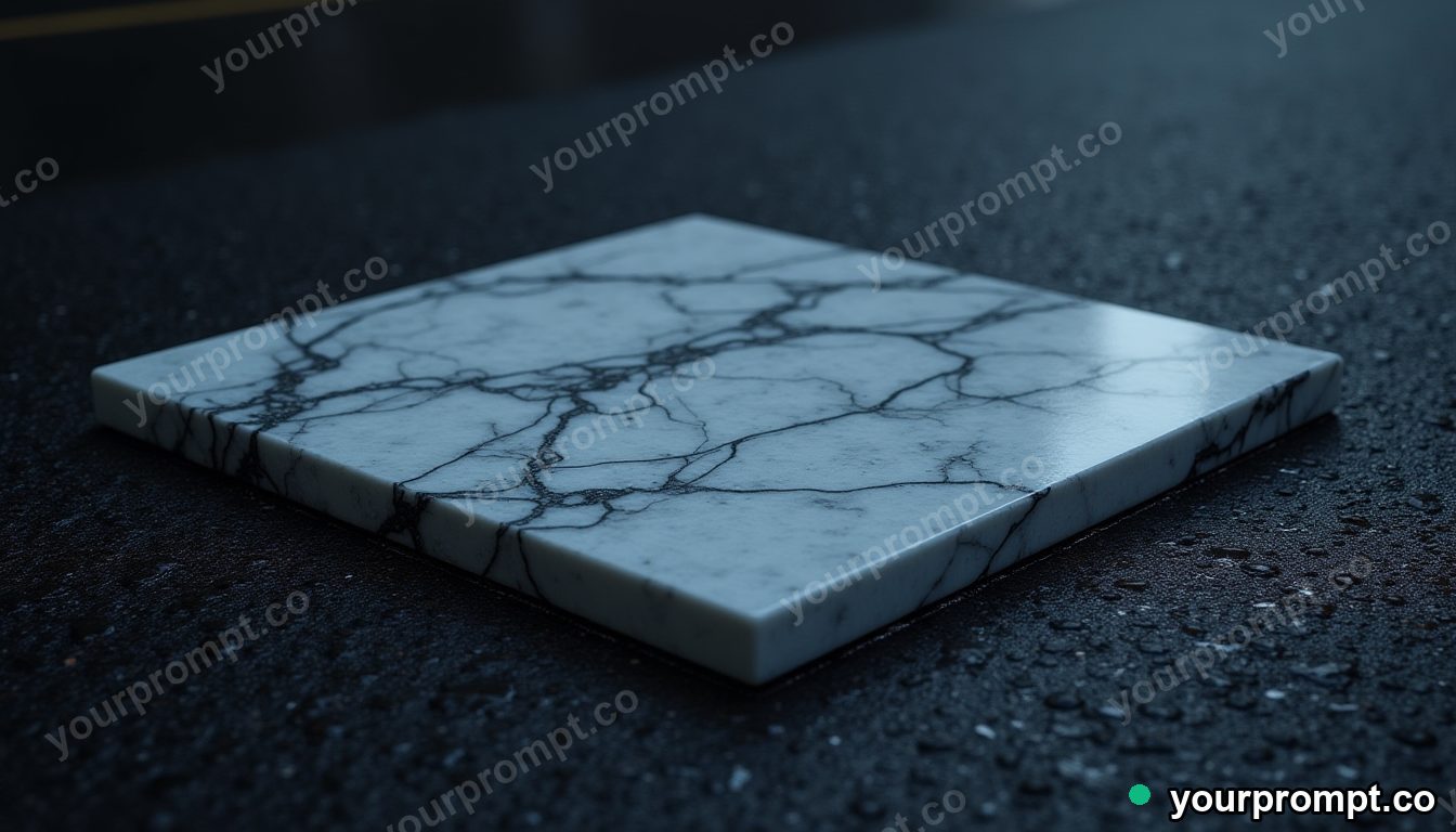 Marble circuit board half-covered by a sheet of clear resin on wet black asphalt at night · minimal graphic geometry — AI-generated image