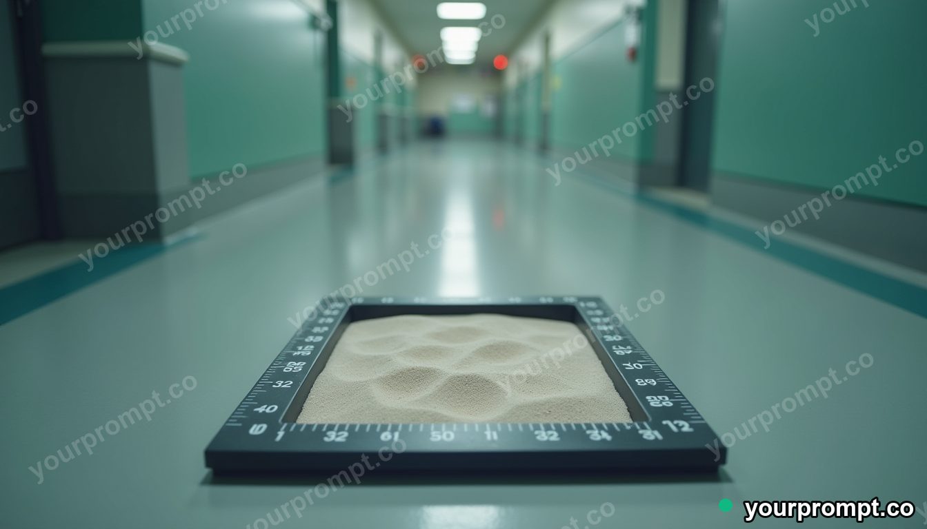 Magnetic sand tray surrounded by precise measurement marks without numbers inside a quiet municipal hallway — 5 AI style variations of one prompt