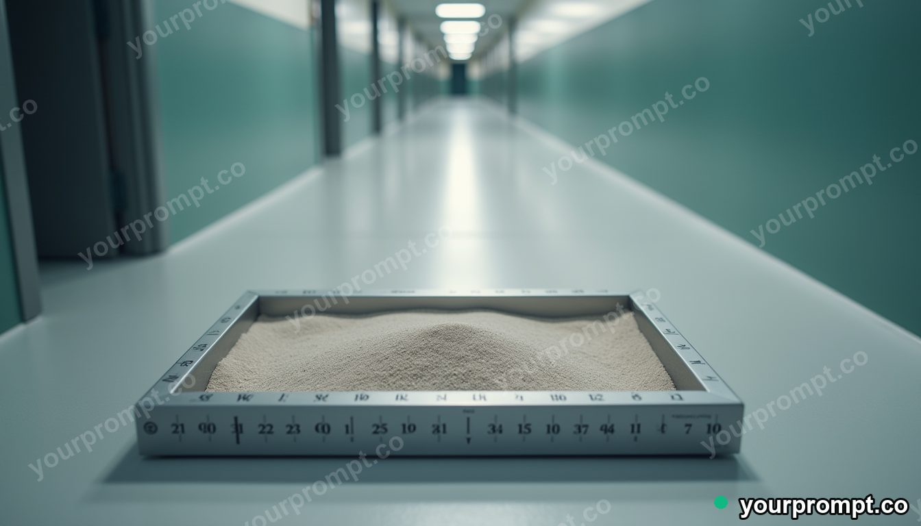 Magnetic sand tray surrounded by precise measurement marks without numbers inside a quiet municipal hallway · premium material editorial — AI-generated image