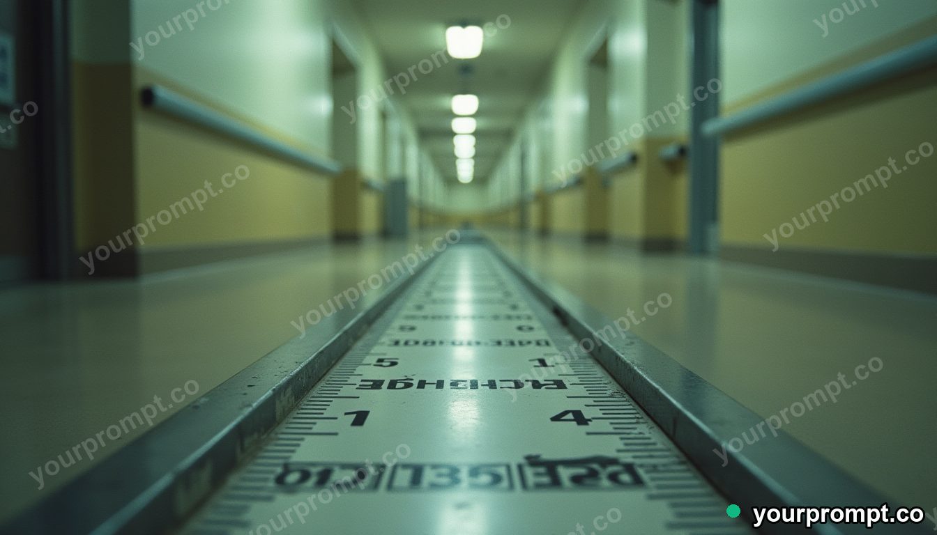 Magnetic sand tray surrounded by precise measurement marks without numbers inside a quiet municipal hallway · analog empty archive — AI-generated image