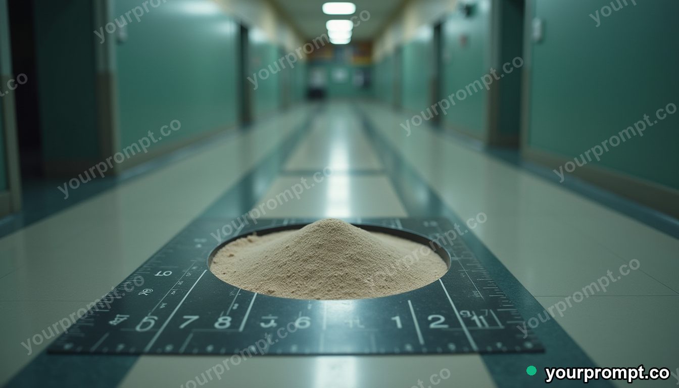Magnetic sand tray surrounded by precise measurement marks without numbers inside a quiet municipal hallway · impossible physics surreal — AI-generated image