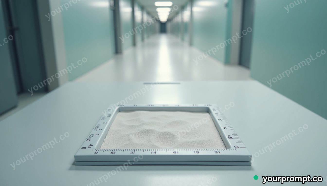 Magnetic sand tray surrounded by precise measurement marks without numbers inside a quiet municipal hallway · minimal graphic geometry — AI-generated image