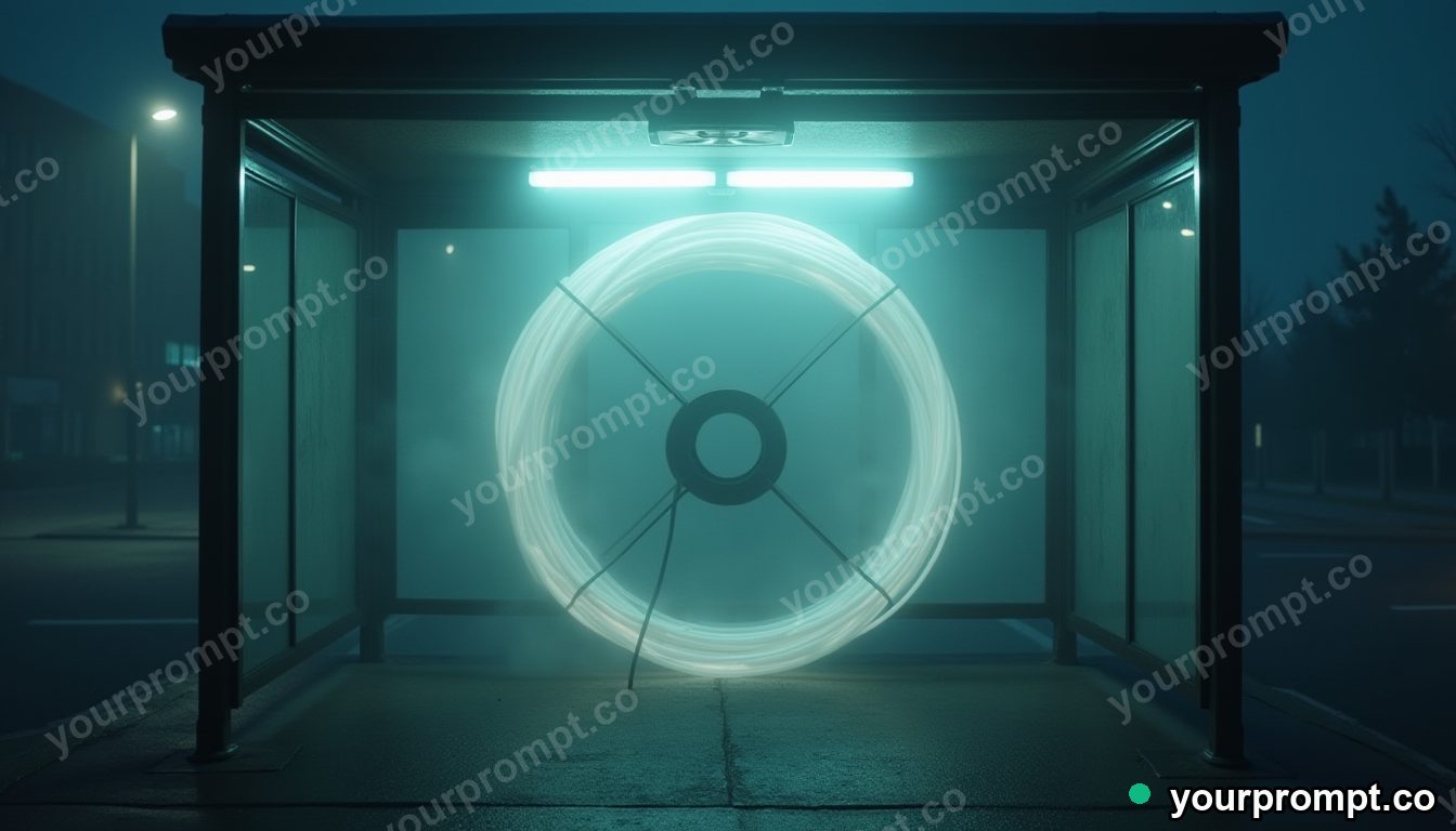 Transparent cable spool filled with pale fog from within in a storm-lit bus shelter — 5 AI style variations of one prompt