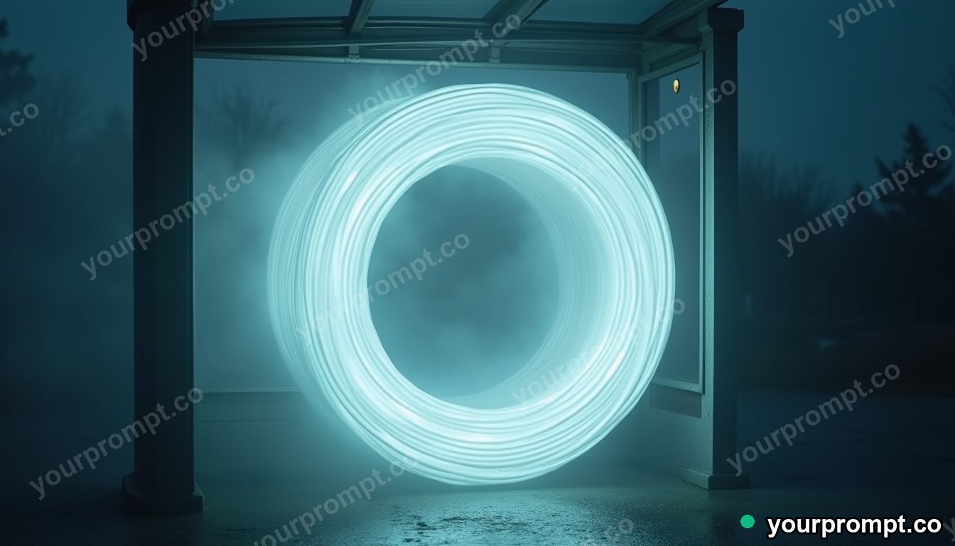 Transparent cable spool filled with pale fog from within in a storm-lit bus shelter · premium material editorial — AI-generated image
