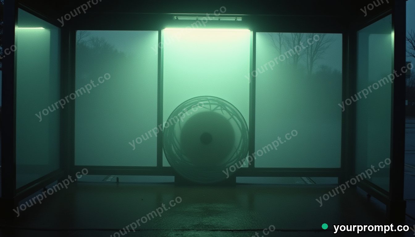 Transparent cable spool filled with pale fog from within in a storm-lit bus shelter · analog empty archive — AI-generated image
