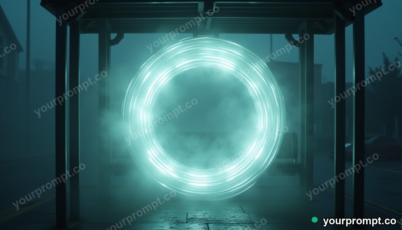Transparent cable spool filled with pale fog from within in a storm-lit bus shelter · impossible physics surreal — AI-generated image