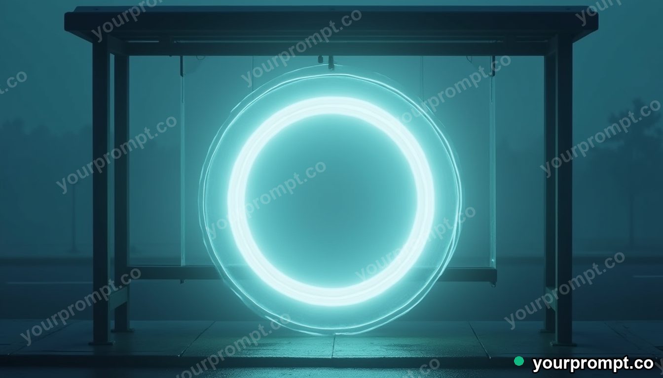 Transparent cable spool filled with pale fog from within in a storm-lit bus shelter · minimal graphic geometry — AI-generated image