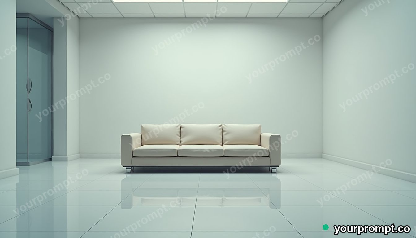 Mirror-tile couch folded through an impossible corner inside a blank office room — 5 AI style variations of one prompt