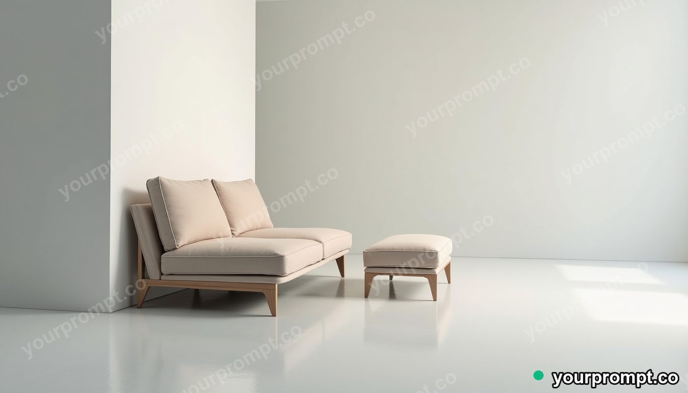 Mirror-tile couch folded through an impossible corner inside a blank office room · premium material editorial — AI-generated image