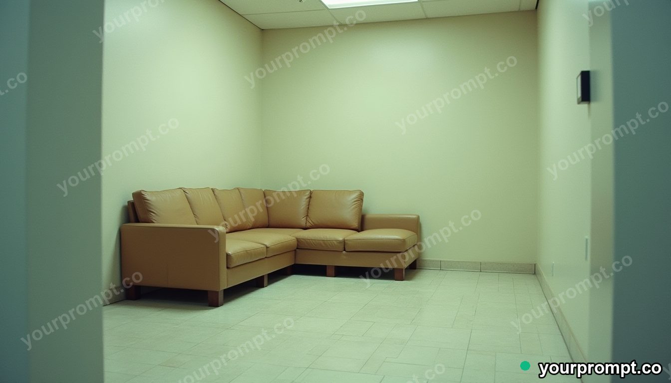 Mirror-tile couch folded through an impossible corner inside a blank office room · analog empty archive — AI-generated image