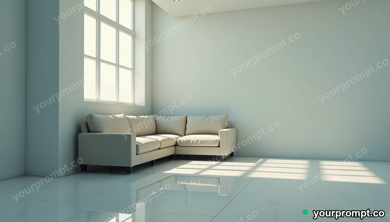 Mirror-tile couch folded through an impossible corner inside a blank office room · impossible physics surreal — AI-generated image