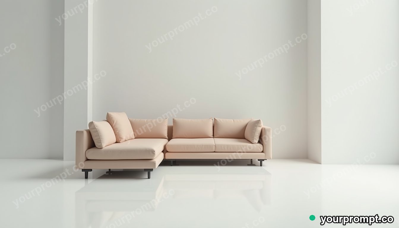 Mirror-tile couch folded through an impossible corner inside a blank office room · minimal graphic geometry — AI-generated image
