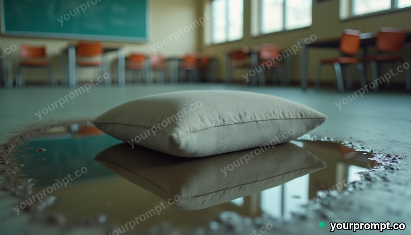 Concrete pillow block reflected in a puddle that shows another room inside an empty classroom — 5 AI style variations of one prompt