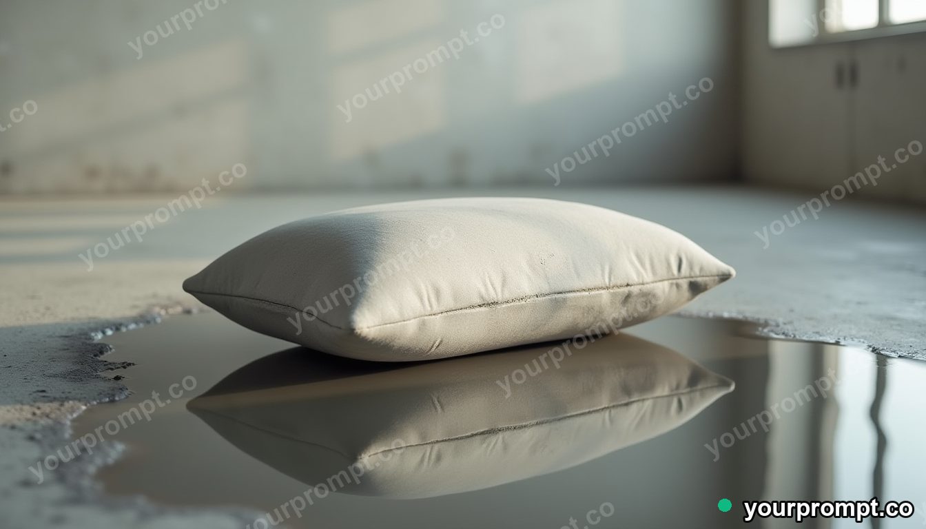 Concrete pillow block reflected in a puddle that shows another room inside an empty classroom · premium material editorial — AI-generated image