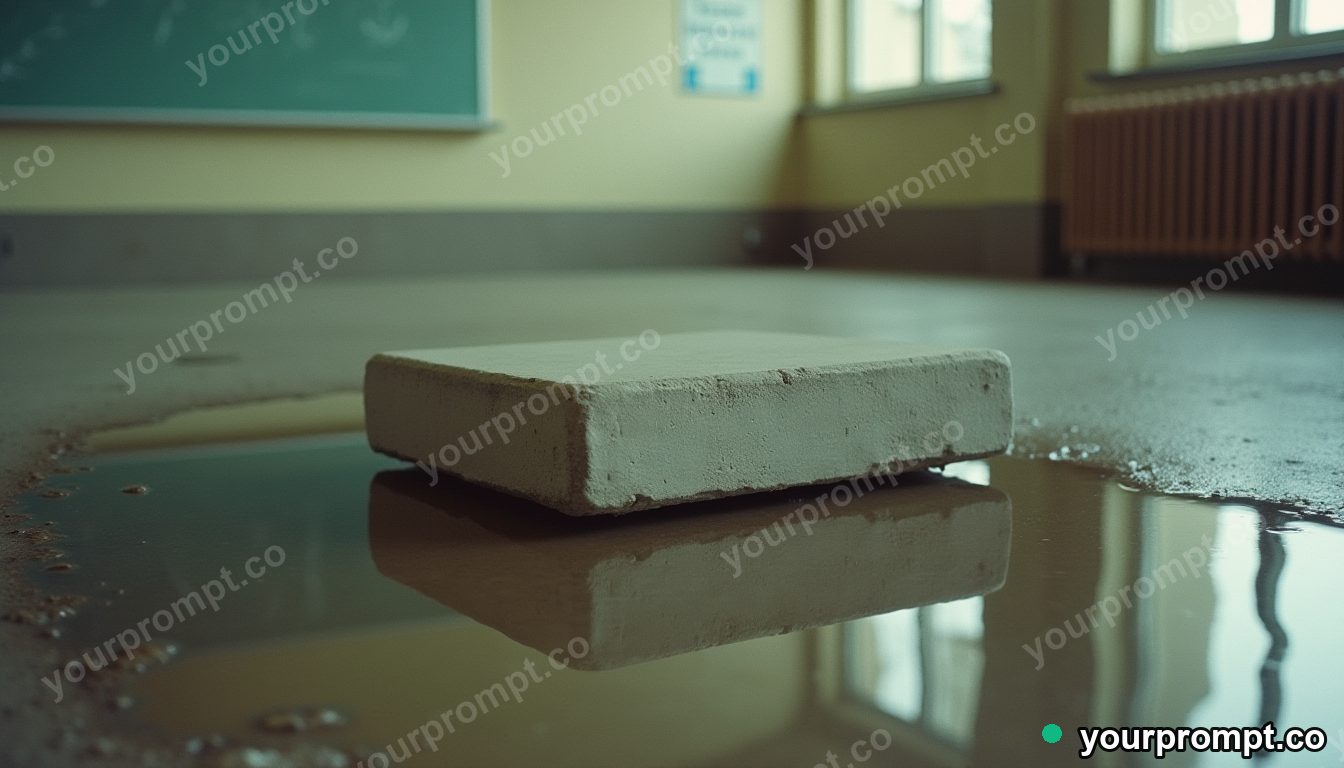 Concrete pillow block reflected in a puddle that shows another room inside an empty classroom · analog empty archive — AI-generated image
