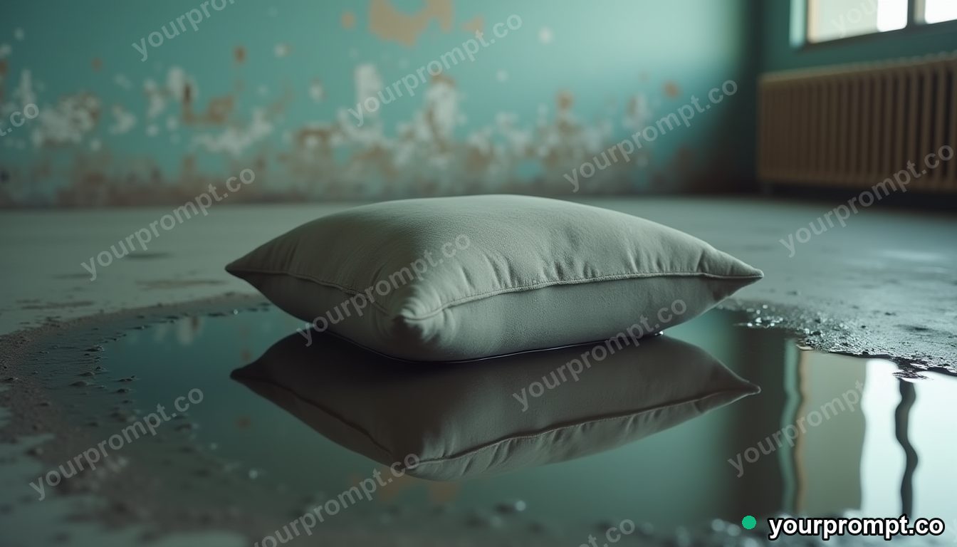 Concrete pillow block reflected in a puddle that shows another room inside an empty classroom · impossible physics surreal — AI-generated image