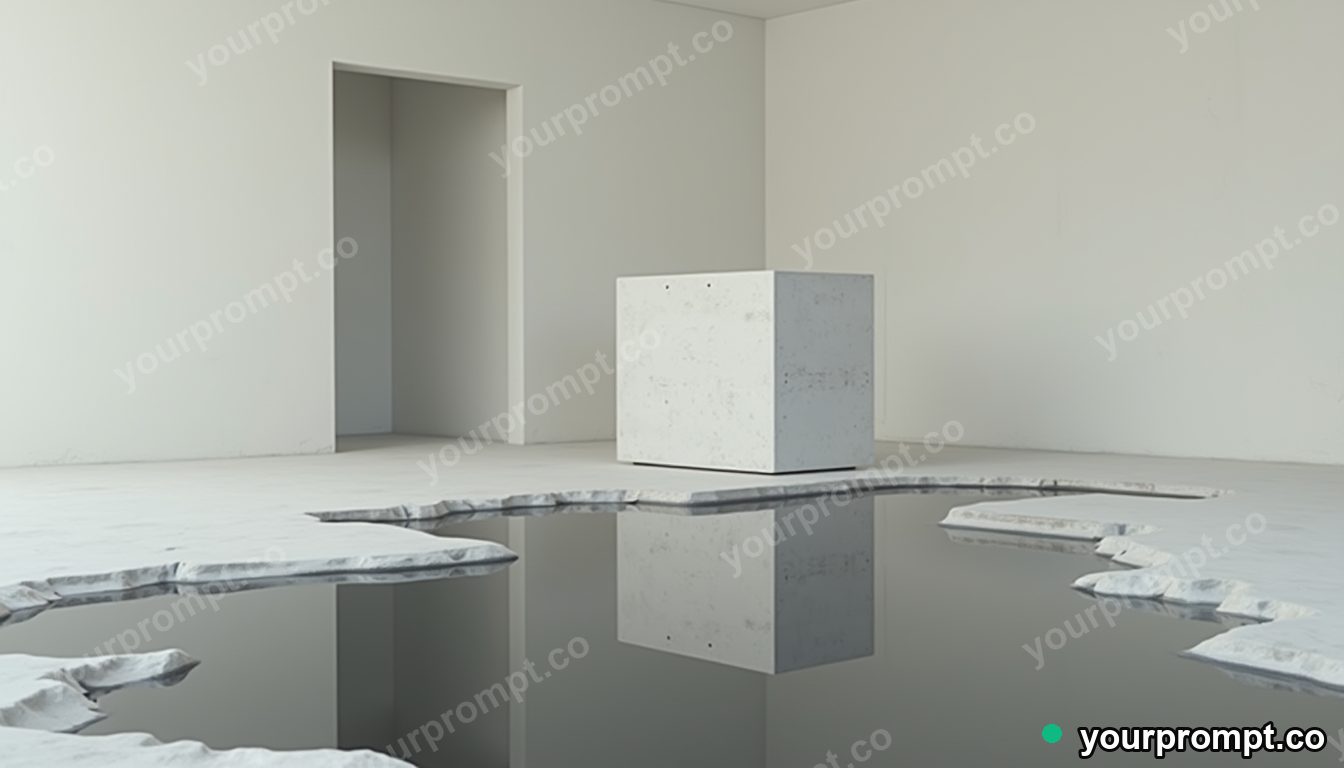 Concrete pillow block reflected in a puddle that shows another room inside an empty classroom · minimal graphic geometry — AI-generated image