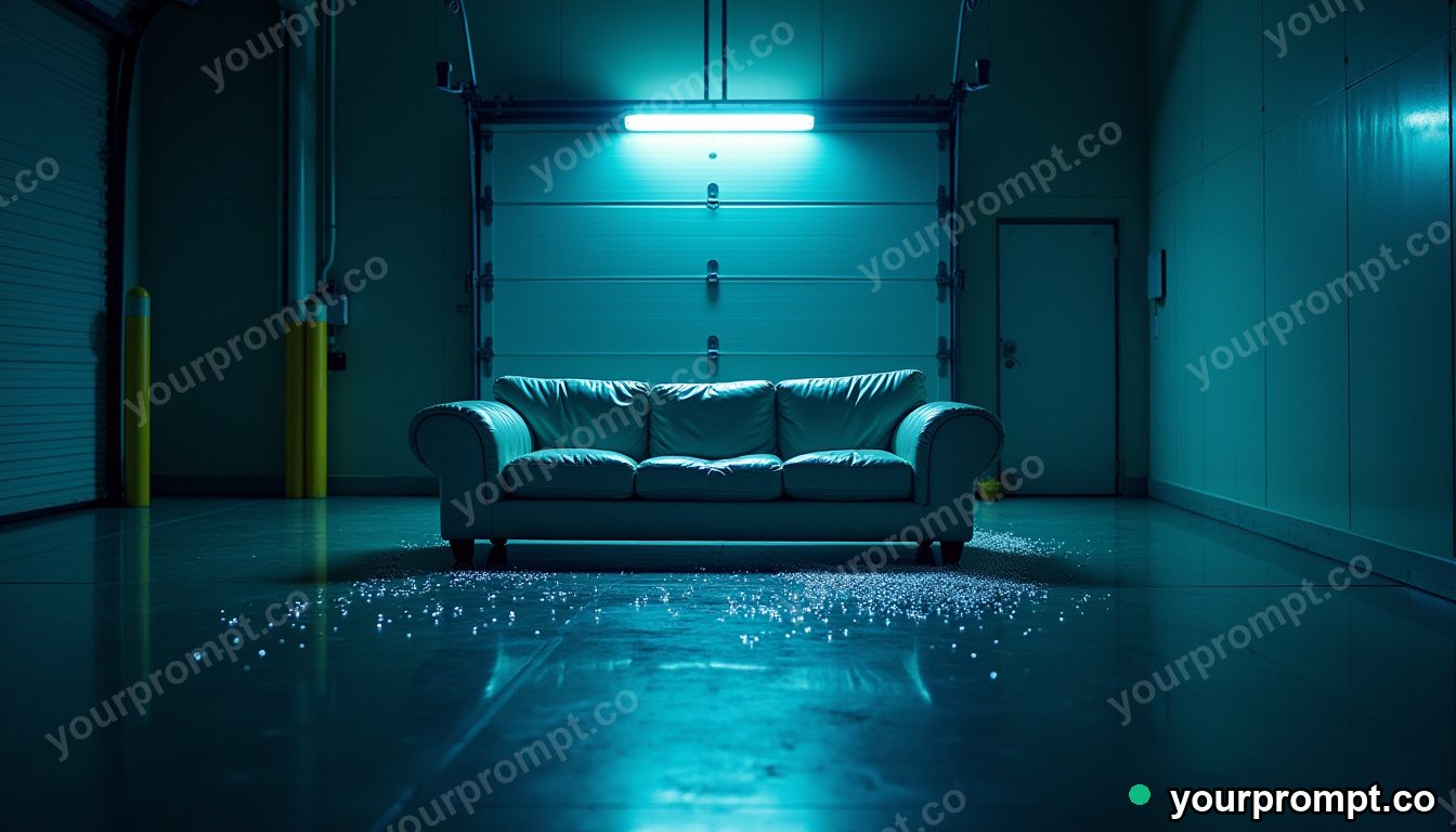 Mirror-tile couch leaking tiny particles of white light on a blue-lit loading dock — 5 AI style variations of one prompt